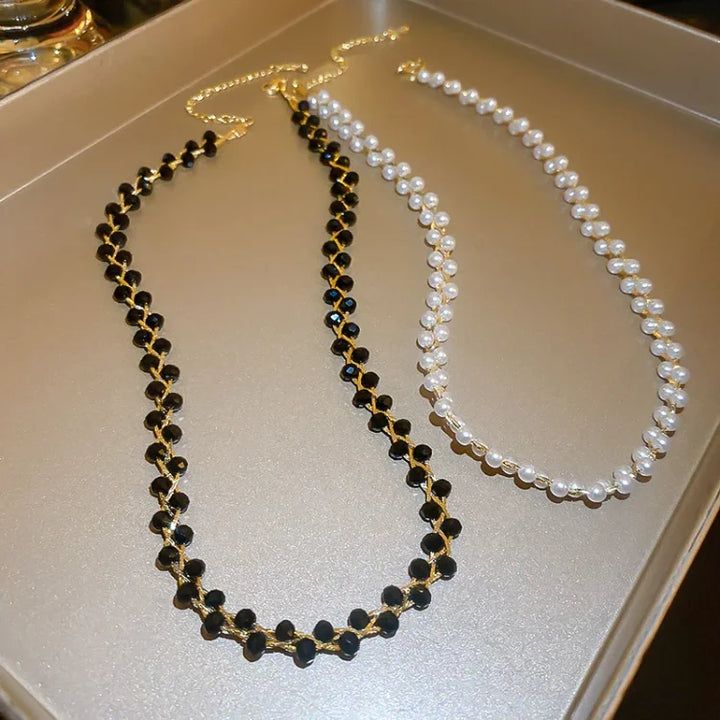 Double Crystals and Pearls Necklace - Amira-Black Crystal-State of Style