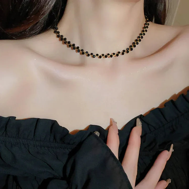 Double Crystals and Pearls Necklace - Amira-Black Crystal-State of Style