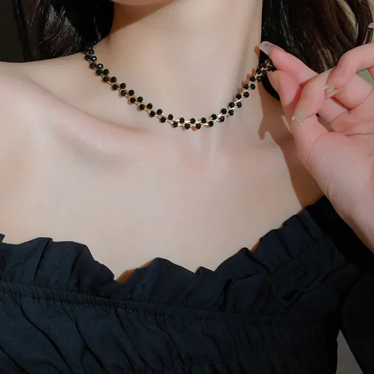 Double Crystals and Pearls Necklace - Amira-Black Crystal-State of Style