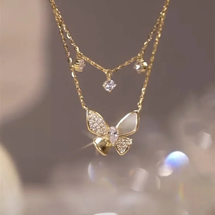 Double-layered Zirconia and Mother-of-pearl Butterfly Necklace - Elayna-State of Style