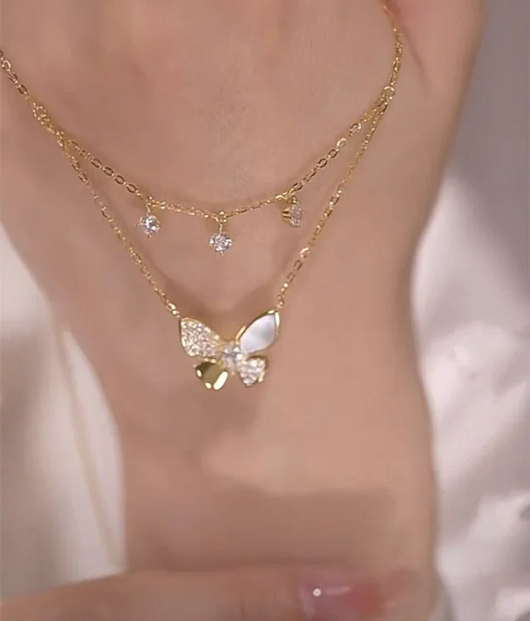 Double-layered Zirconia and Mother-of-pearl Butterfly Necklace - Elayna-State of Style