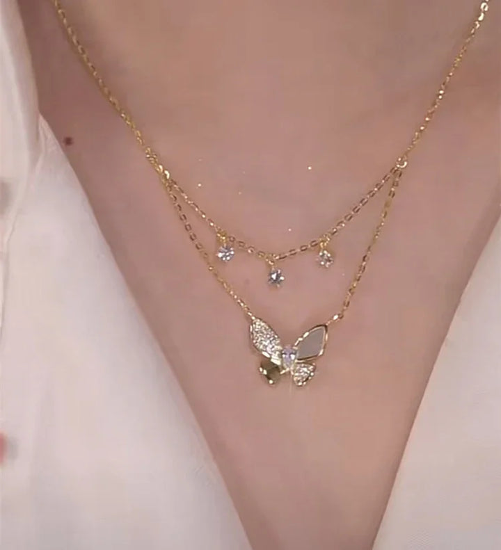 Double-layered Zirconia and Mother-of-pearl Butterfly Necklace - Elayna-State of Style