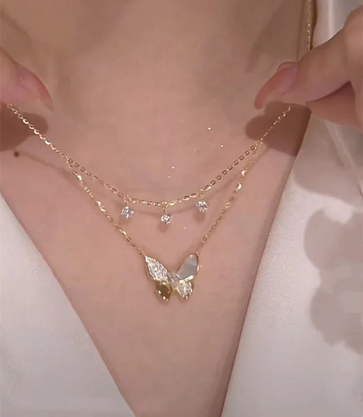 Double-layered Zirconia and Mother-of-pearl Butterfly Necklace - Elayna-State of Style