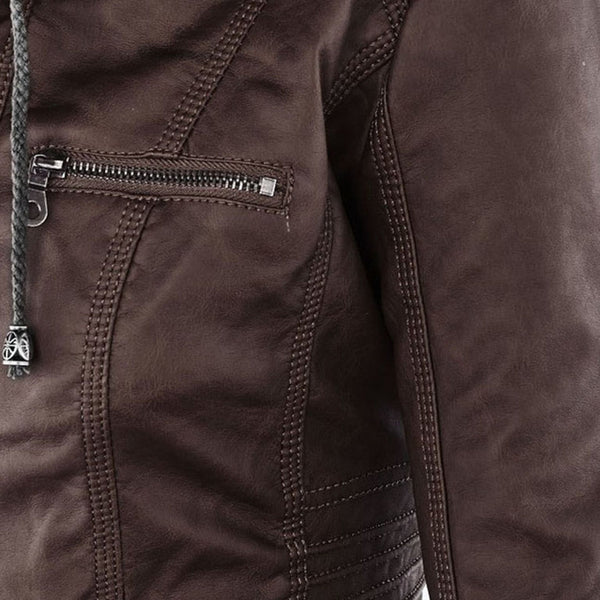 Double-Lined Leather Jacket With Hood | Warm & Stylish Women's Coat-Khaki-S-State of Style