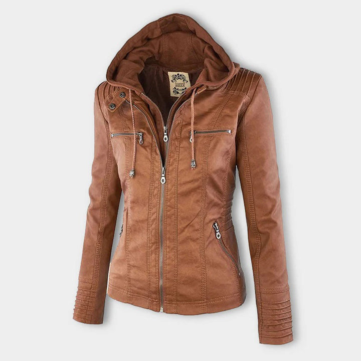 Double-Lined Leather Jacket With Hood | Warm & Stylish Women's Coat-Khaki-S-State of Style