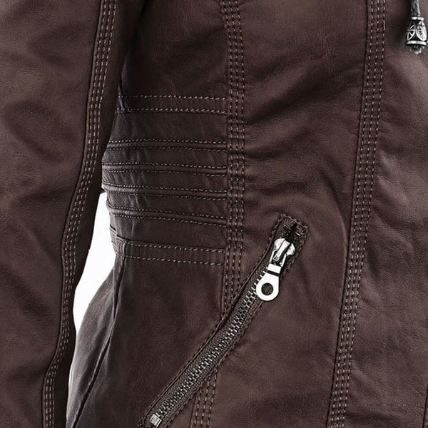 Double-Lined Leather Jacket With Hood | Warm & Stylish Women's Coat-Khaki-S-State of Style