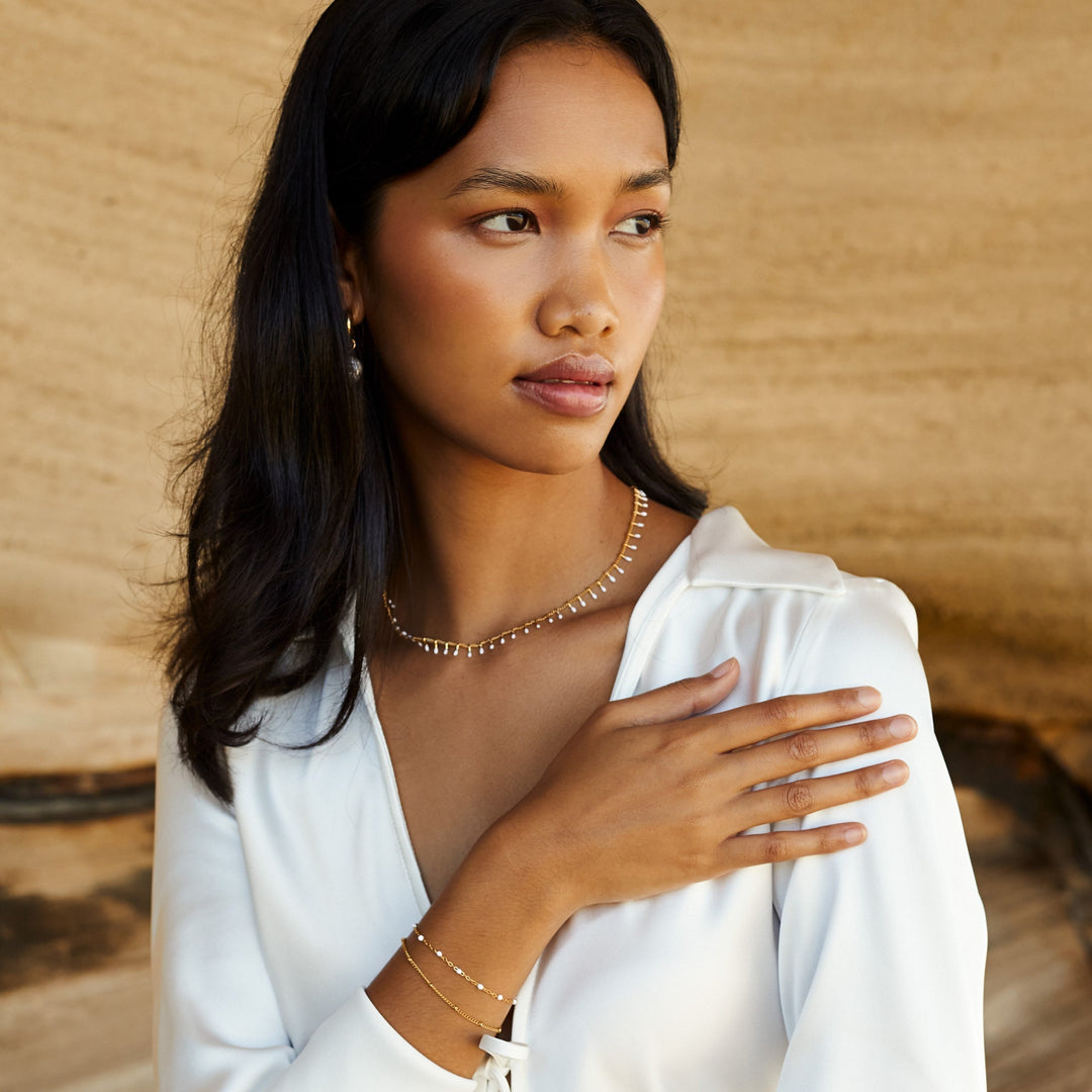 Double White Bead Bracelet for Women - Liora-Gold-State of Style