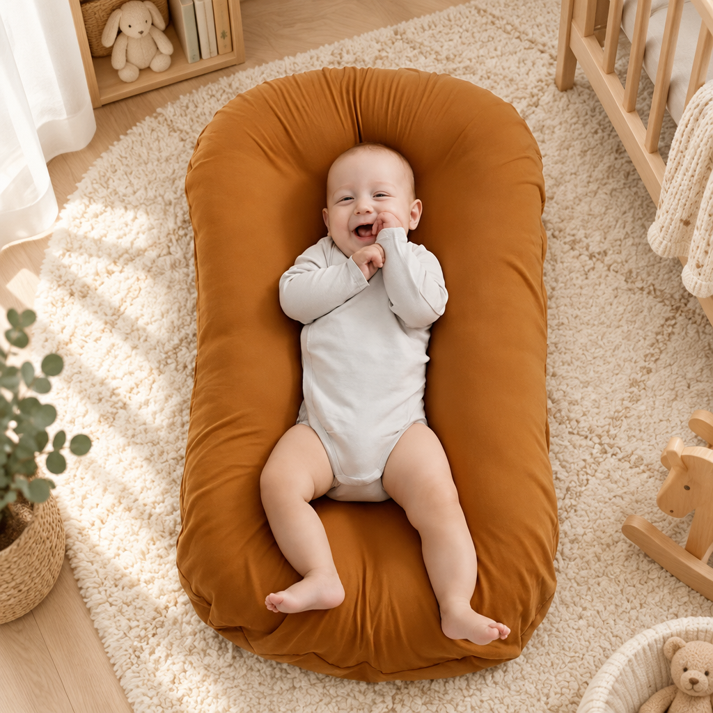 Smiling baby in a white bodysuit lies on a rust-orange lounger in a cosy nursery 1