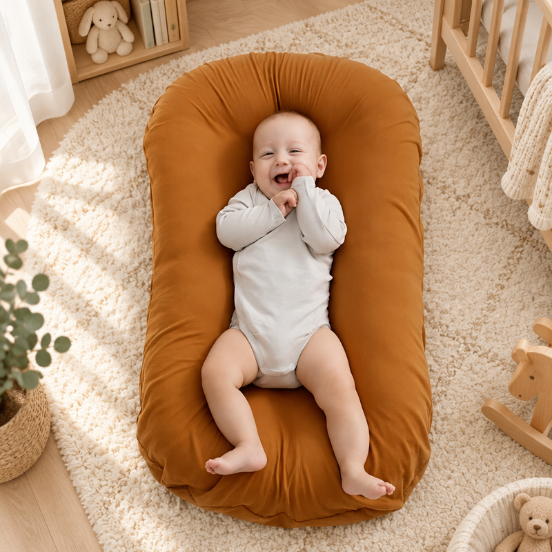 Smiling baby in a white bodysuit lies on a rust-orange lounger in a cosy nursery 1