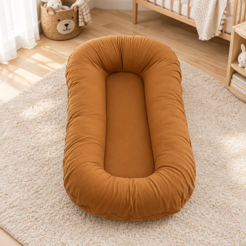 Empty caramel cushion with raised rim on a cream rug in a nursery with cot 9