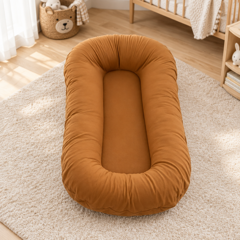 Empty caramel cushion with raised rim on a cream rug in a nursery with cot 9