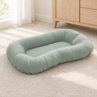 Empty sage green cushion with raised rim, resting on a cream rug beside a wooden chest 8