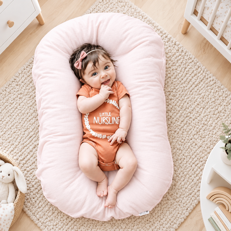 Smiling baby with a pink hair bow lies on a pale pink support pillow in a nursery 1