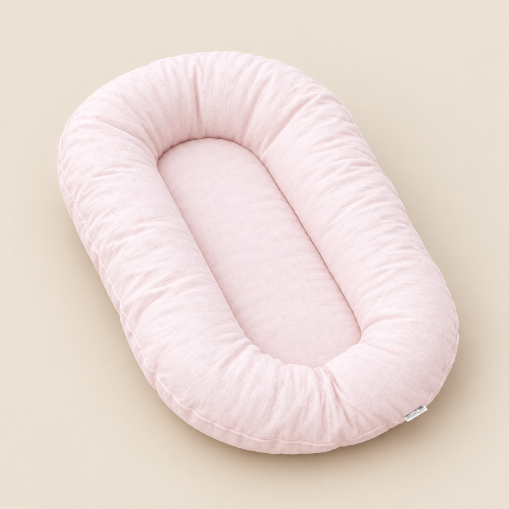 Empty pale pink textured support pillow with a raised oval rim, shown at an angle 10