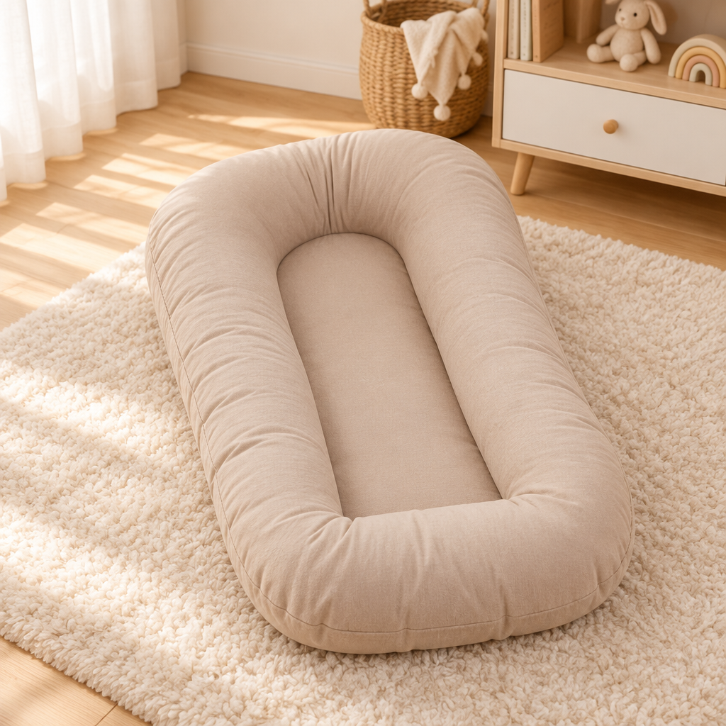 Empty beige cushion with raised oval rim on a fluffy cream rug beside a shelf 10