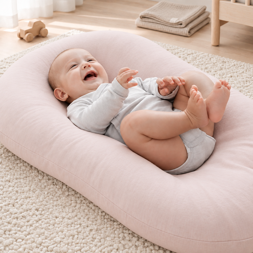 Laughing baby lying on a pale pink cushion on a cream rug in a nursery 1