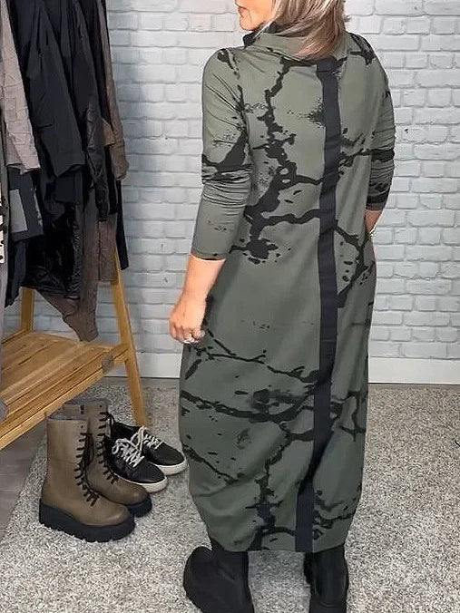 Dress with Long Sleeves and Retro Pattern – Livienne-Green-S-State of Style