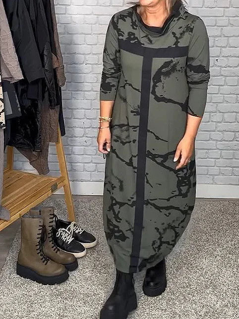 Dress with Long Sleeves and Retro Pattern – Livienne-Green-S-State of Style