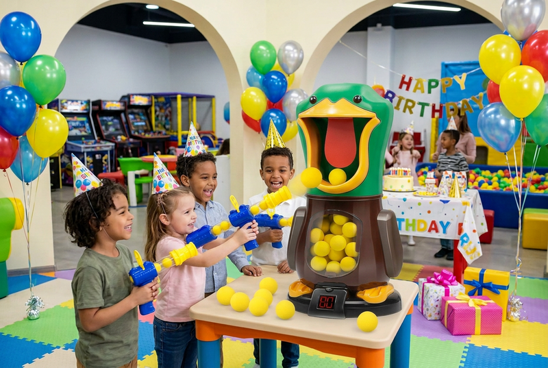 Children in party hats aim foam blasters at the duck target at a birthday party 1