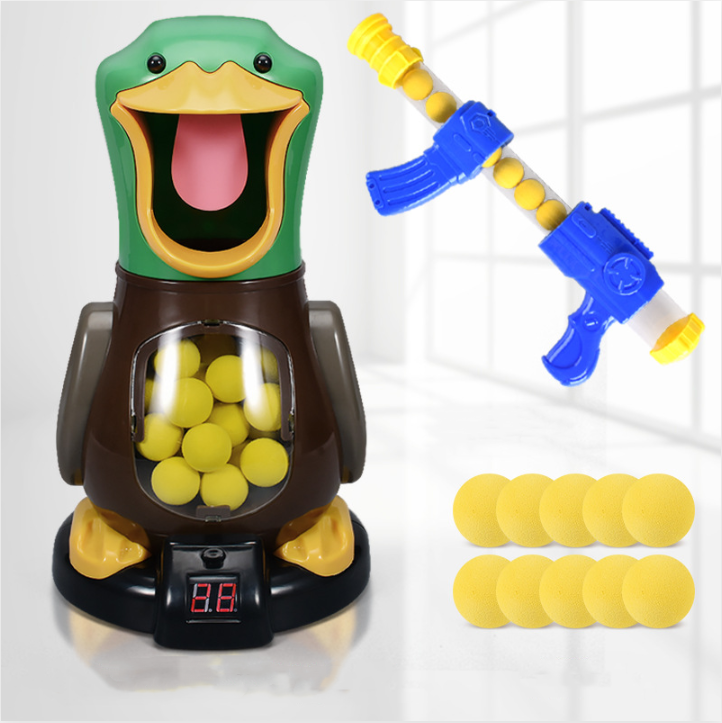 Duck target with one launcher and ten loose yellow foam balls on a white background 5