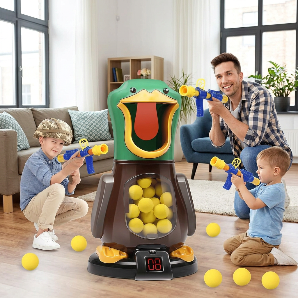 Father and two boys aim foam-ball blasters at the green duck target in a bright living room 1