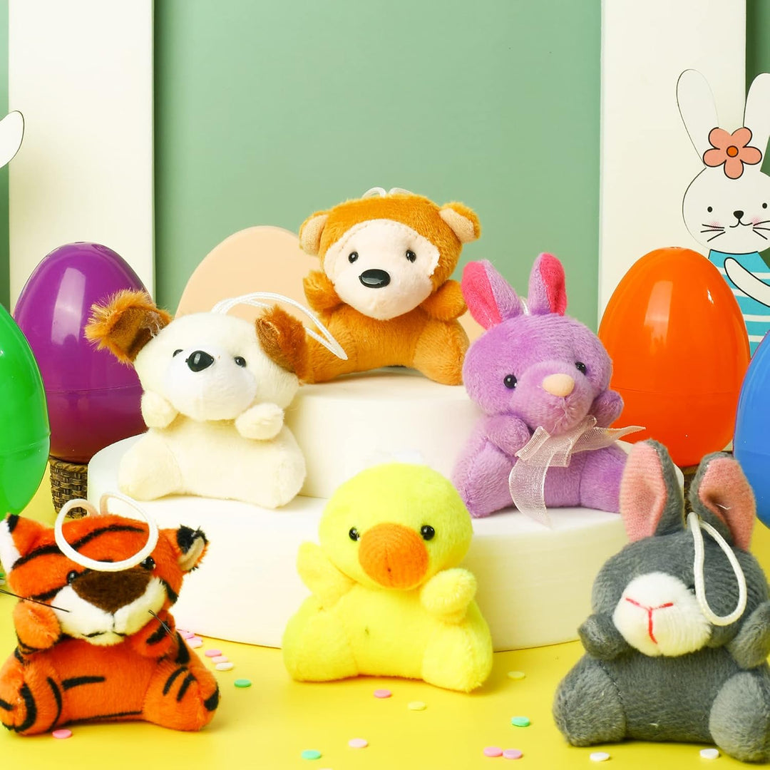 Plush Easter eggs containing mini animal toys for children – pack of 12 surprise eggs.