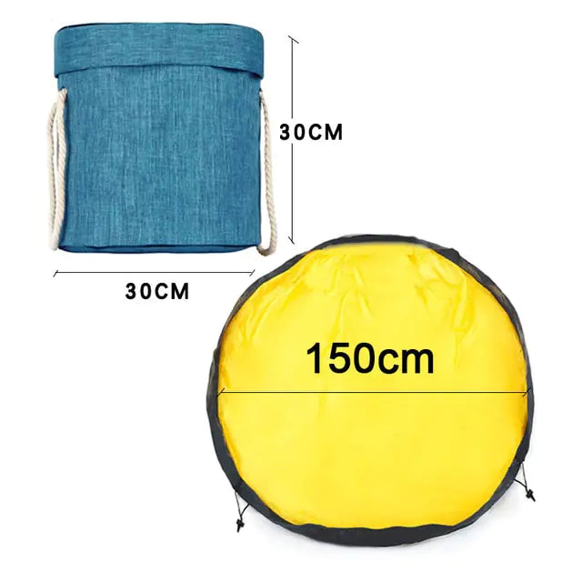 Large foldable toy tidy-up mat with basket function for the children's room.