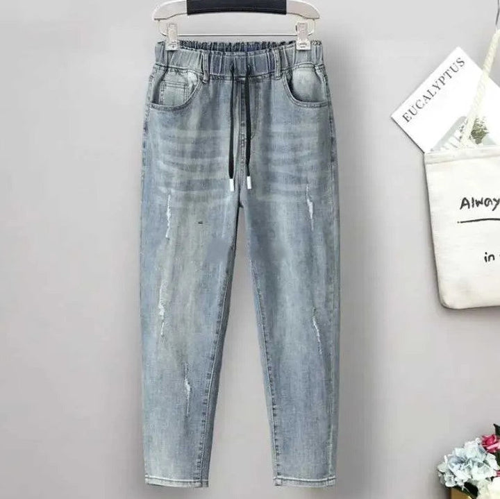 Elastic High-Waisted Plus Size Baggy Jeans-Blue 1-XL-State of Style