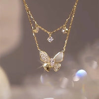 Elayna Double-Layered Zirconia & Mother-of-Pearl Butterfly Necklace-State of Style