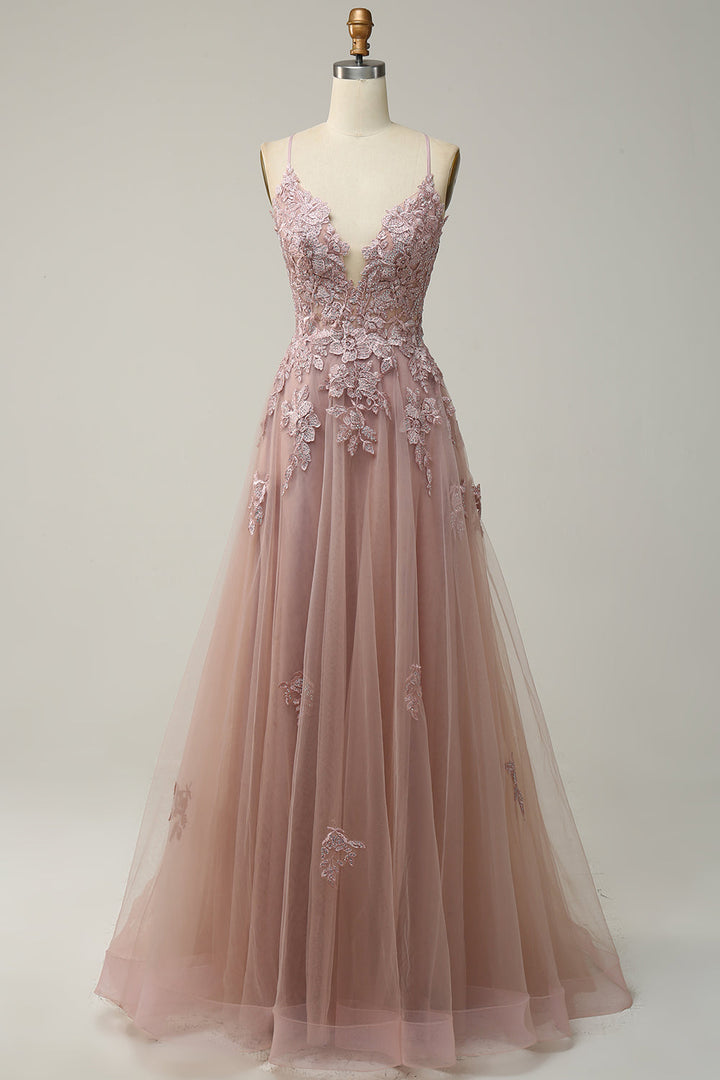 Elegant A-line Gown with Spaghetti Straps and Lace-up Back - Julia-Apricot-4-State of Style