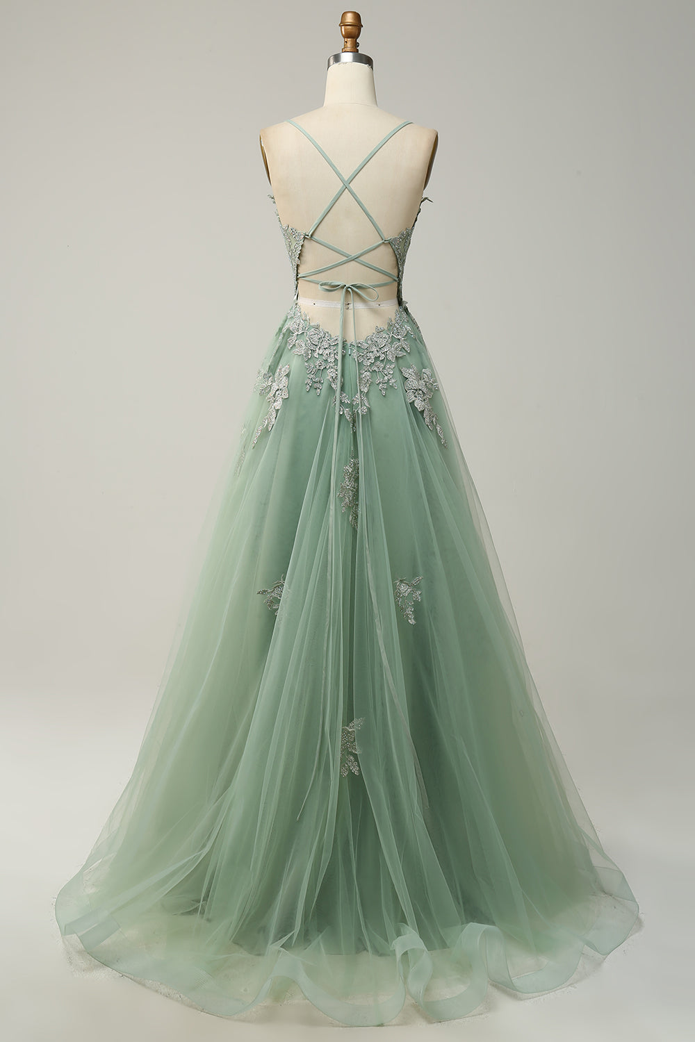 Elegant A-line Gown with Spaghetti Straps and Lace-up Back - Julia-Dark Green-4-State of Style