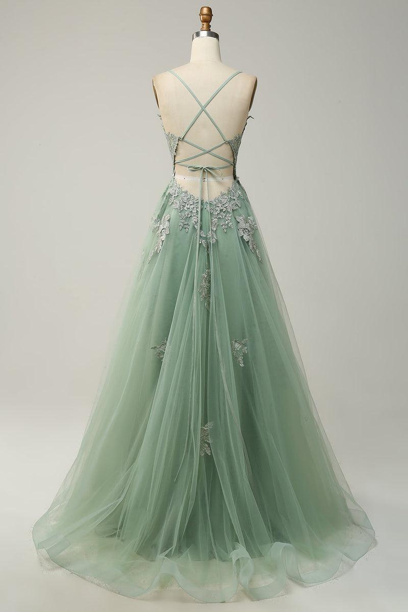 Elegant A-line Gown with Spaghetti Straps and Lace-up Back - Julia-Dark Green-4-State of Style