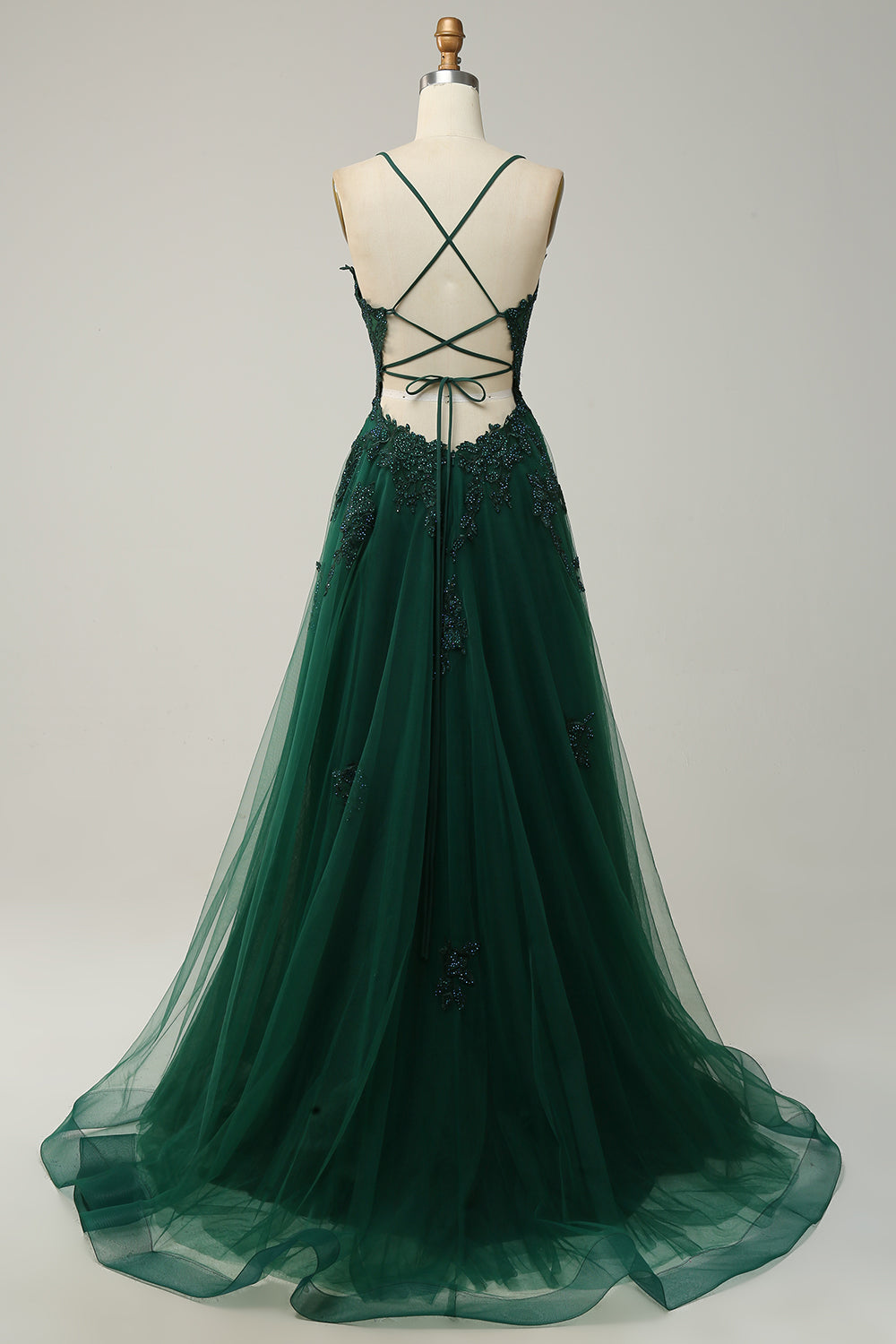 Elegant A-line Gown with Spaghetti Straps and Lace-up Back - Julia-Dark Green-4-State of Style