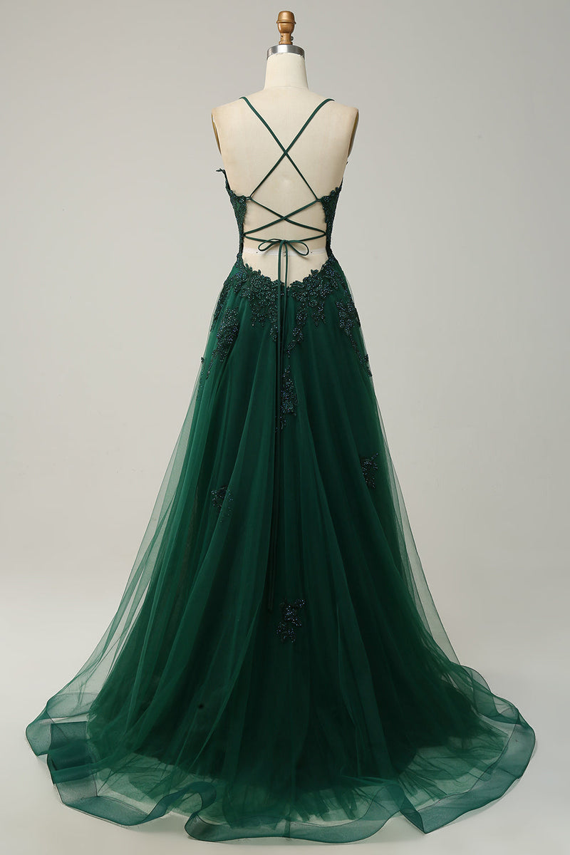Elegant A-line Gown with Spaghetti Straps and Lace-up Back - Julia-Dark Green-4-State of Style