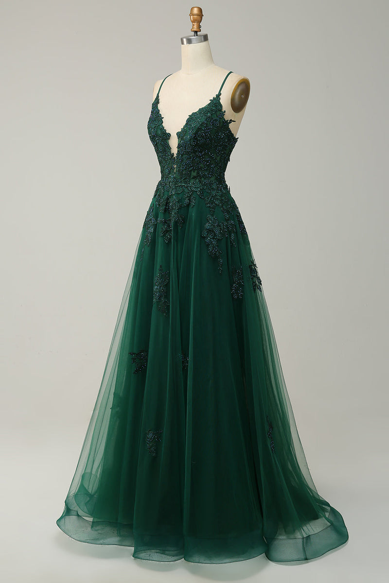 Elegant A-line Gown with Spaghetti Straps and Lace-up Back - Julia-Dark Green-4-State of Style