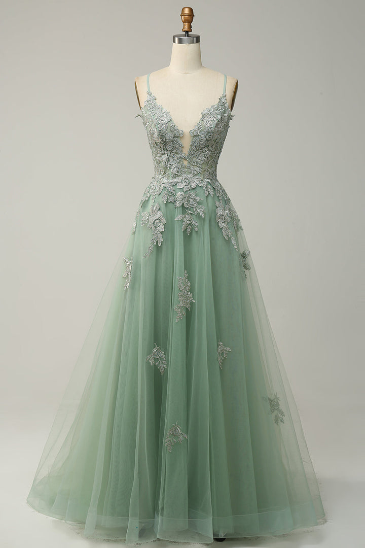 Elegant A-line Gown with Spaghetti Straps and Lace-up Back - Julia-Green-4-State of Style