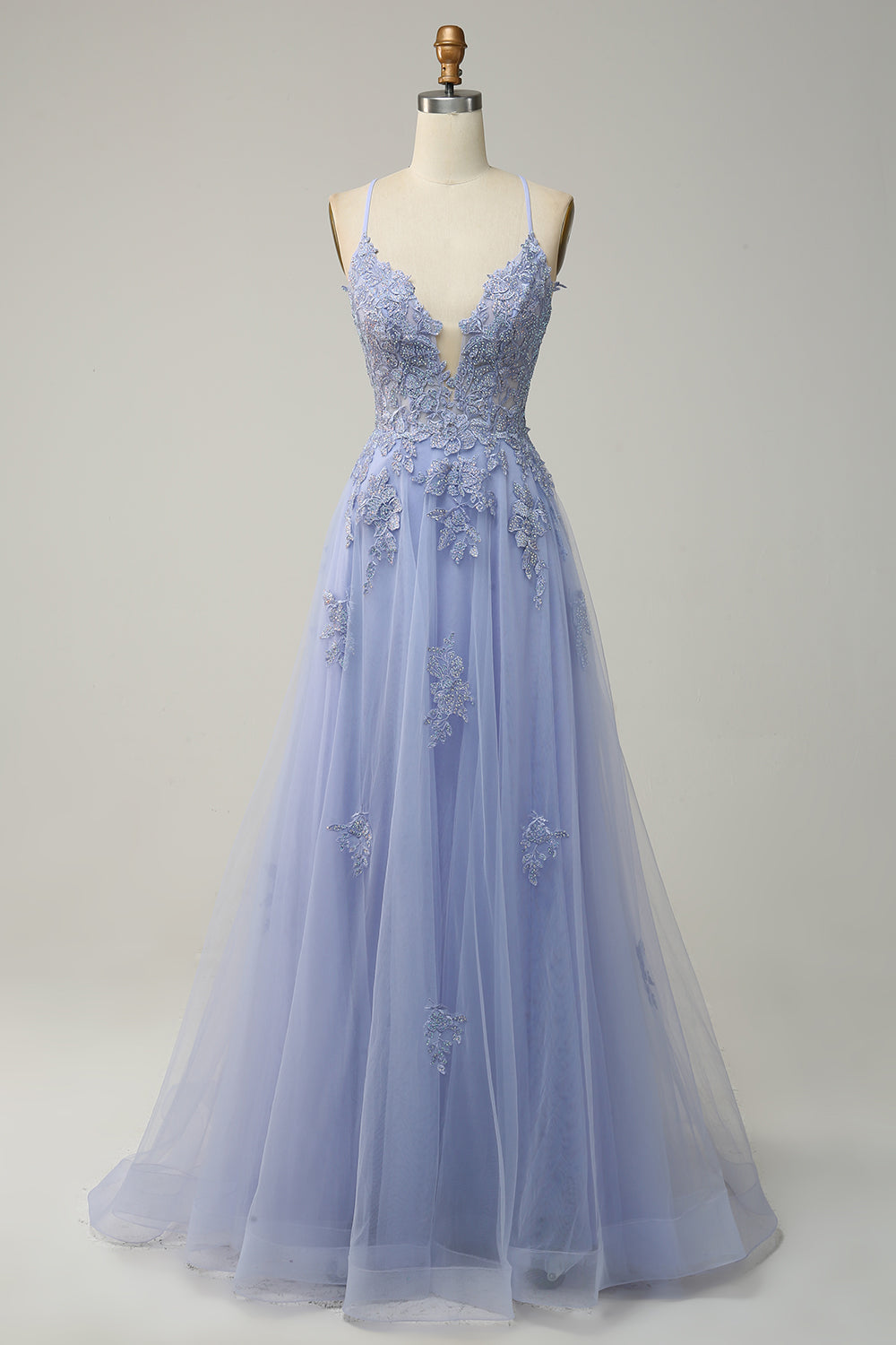 Elegant A-line Gown with Spaghetti Straps and Lace-up Back - Julia-Light Purple-4-State of Style