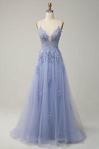 Elegant A-line Gown with Spaghetti Straps and Lace-up Back - Julia-Light Purple-4-State of Style