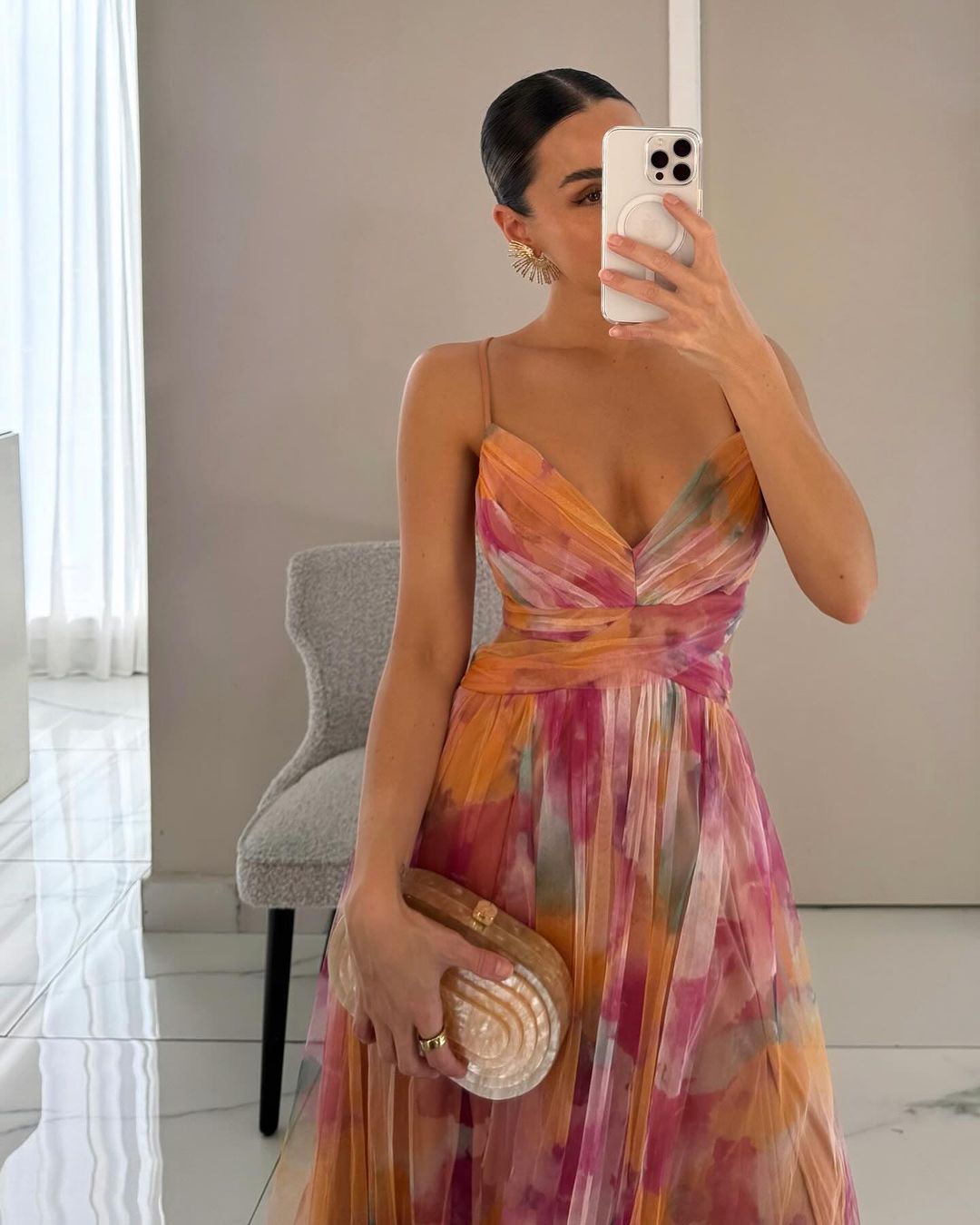 Elegant mesh maxi dress with a figure-hugging cut – Camille-Orange-S-State of Style