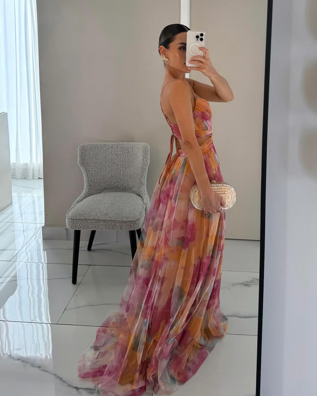 Elegant mesh maxi dress with a figure-hugging cut – Camille-Orange-S-State of Style