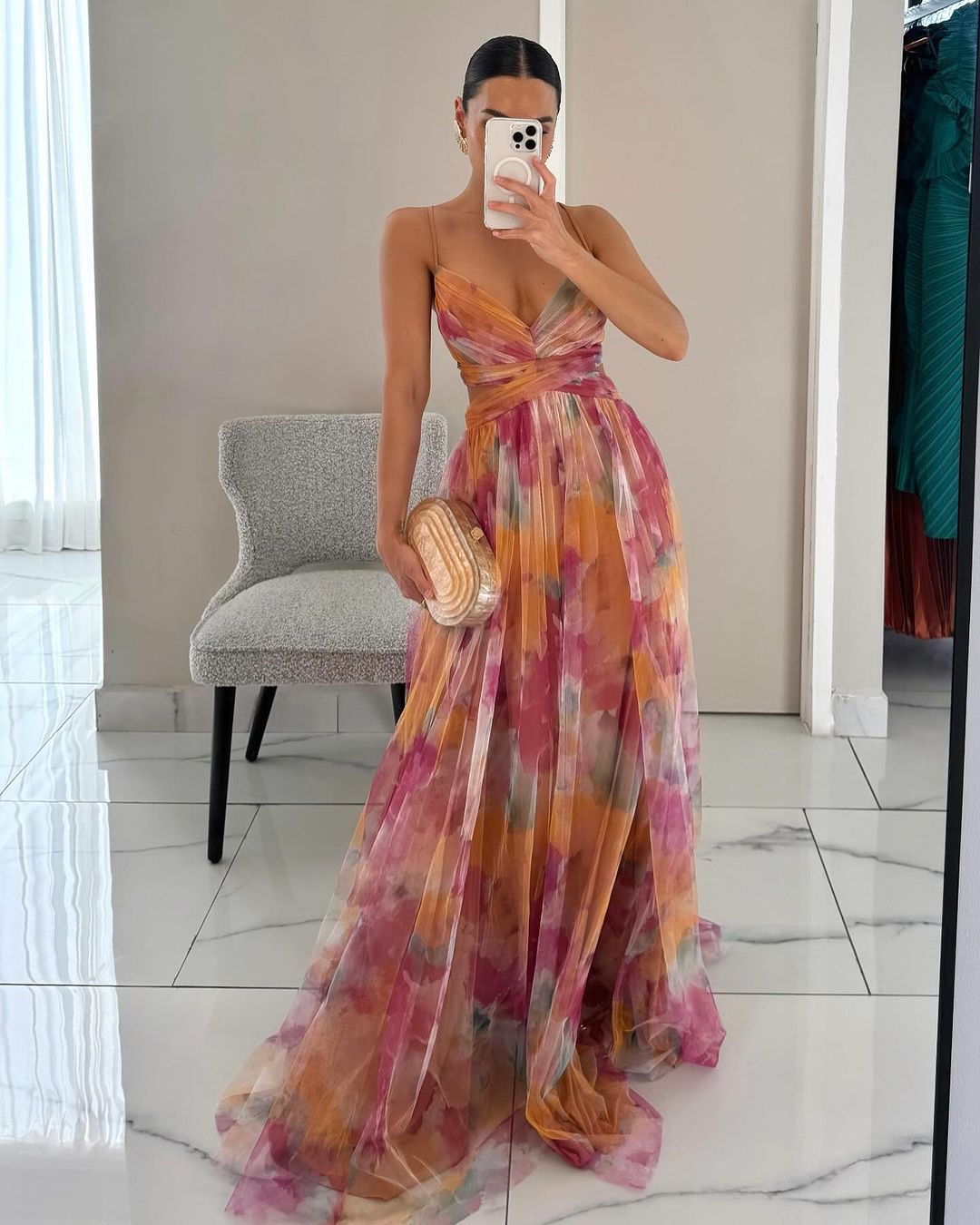 Elegant mesh maxi dress with a figure-hugging cut – Camille-Orange-S-State of Style