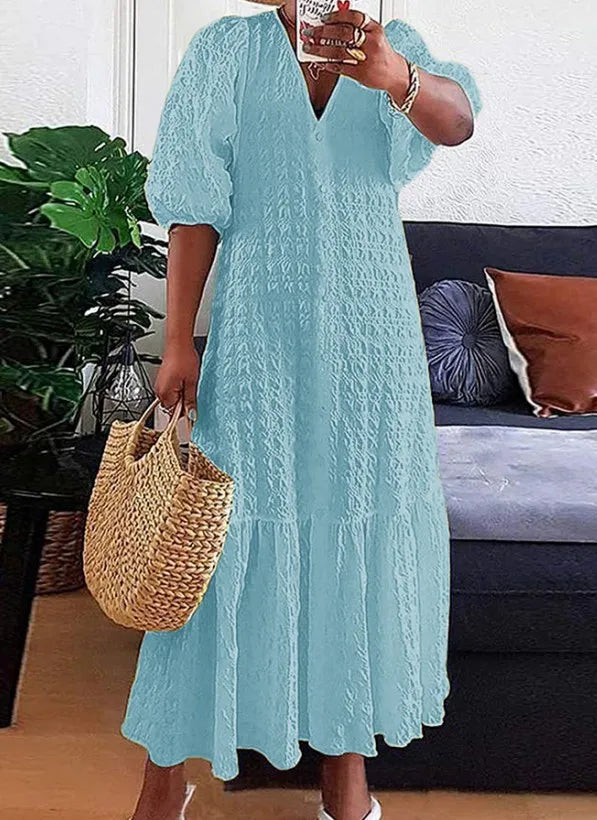 Elegant Plus Size V-Neck Maxi Dress-Blue-L-State of Style