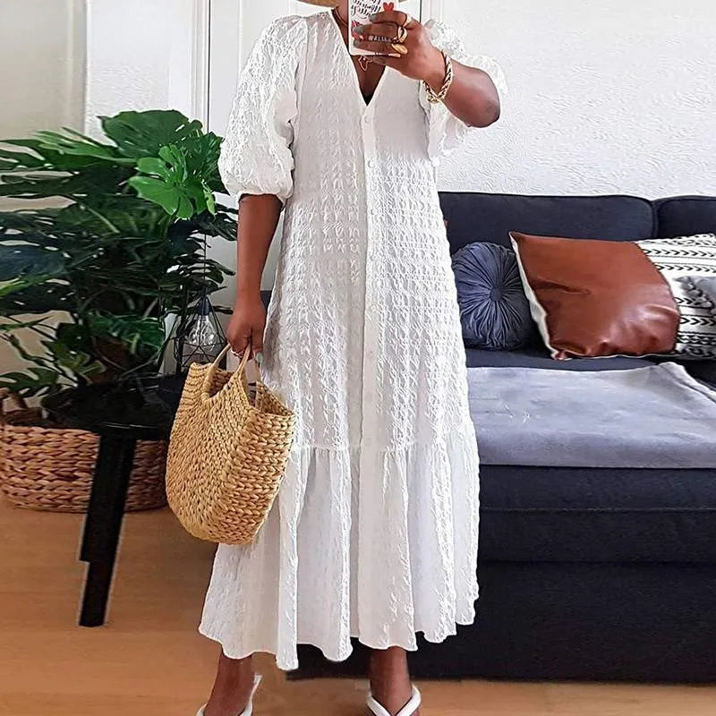 Elegant Plus Size V-Neck Maxi Dress-White-L-State of Style