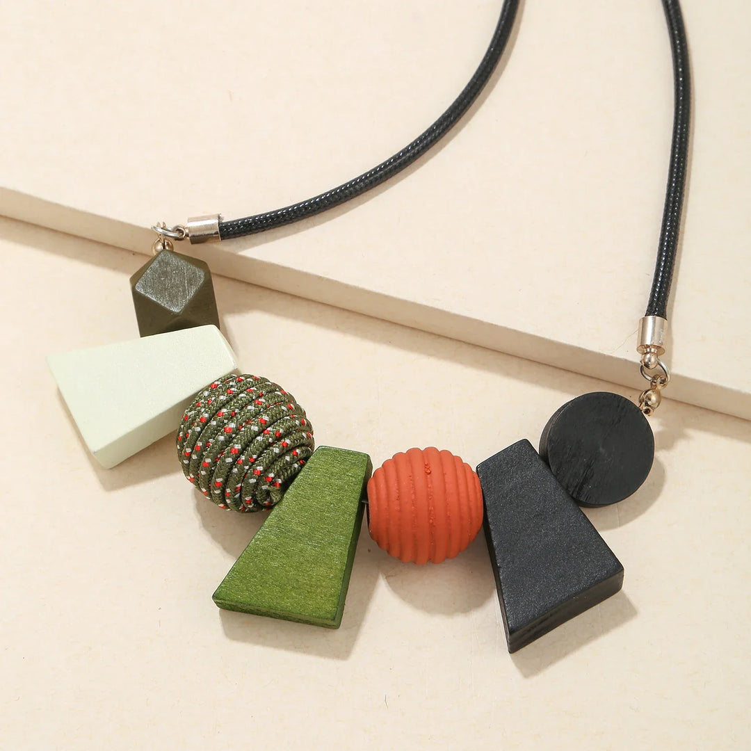Ethnic Geometric Wooden Bead Necklace-BLACK-State of Style