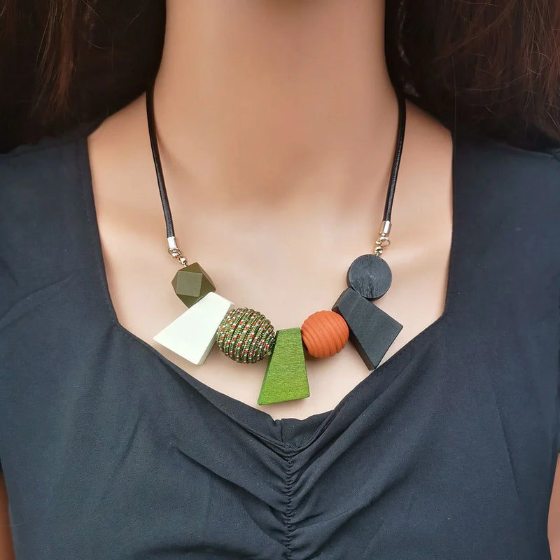 Ethnic Geometric Wooden Bead Necklace-BLACK-State of Style