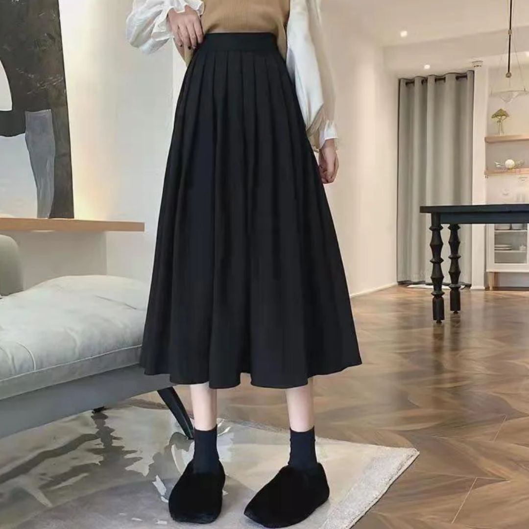Evelyn Traditional Skirt – High-Waisted Vintage Pleated Midi Skirt-Black-S-State of Style