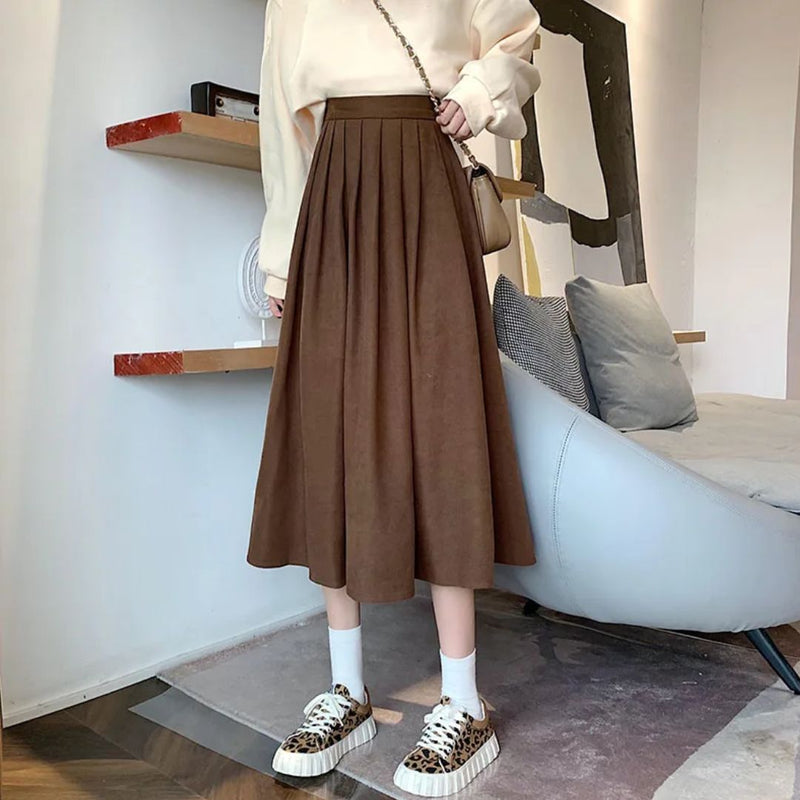Evelyn Traditional Skirt – High-Waisted Vintage Pleated Midi Skirt-Brown-S-State of Style
