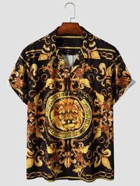 Expressive men's short-sleeved shirt with baroque pattern & lion motif – Dante-M-State of Style