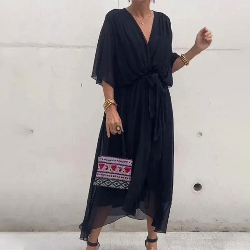 Fallaway Maxi Dress with V-Neck – Elara-Black-M-State of Style