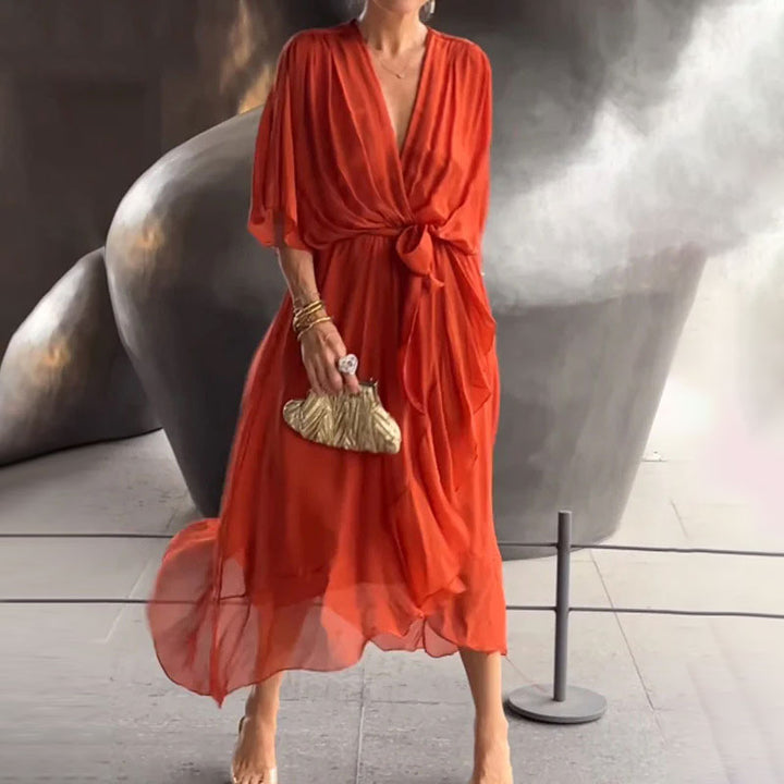 Fallaway Maxi Dress with V-Neck – Elara-Orange-M-State of Style